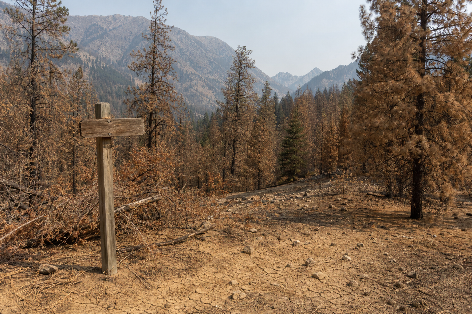 A parched pine forest under a hazy sky with a fire warning sign at the forest edge