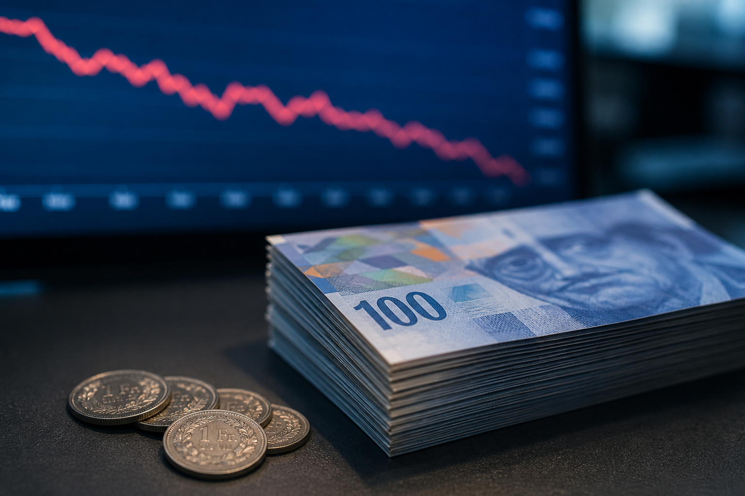 Swiss franc banknotes and coins beside a gently declining exchange rate chart
