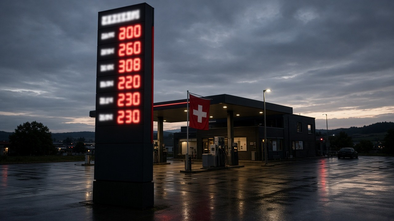 A price totem at a Swiss petrol station showing higher fuel prices in the evening light