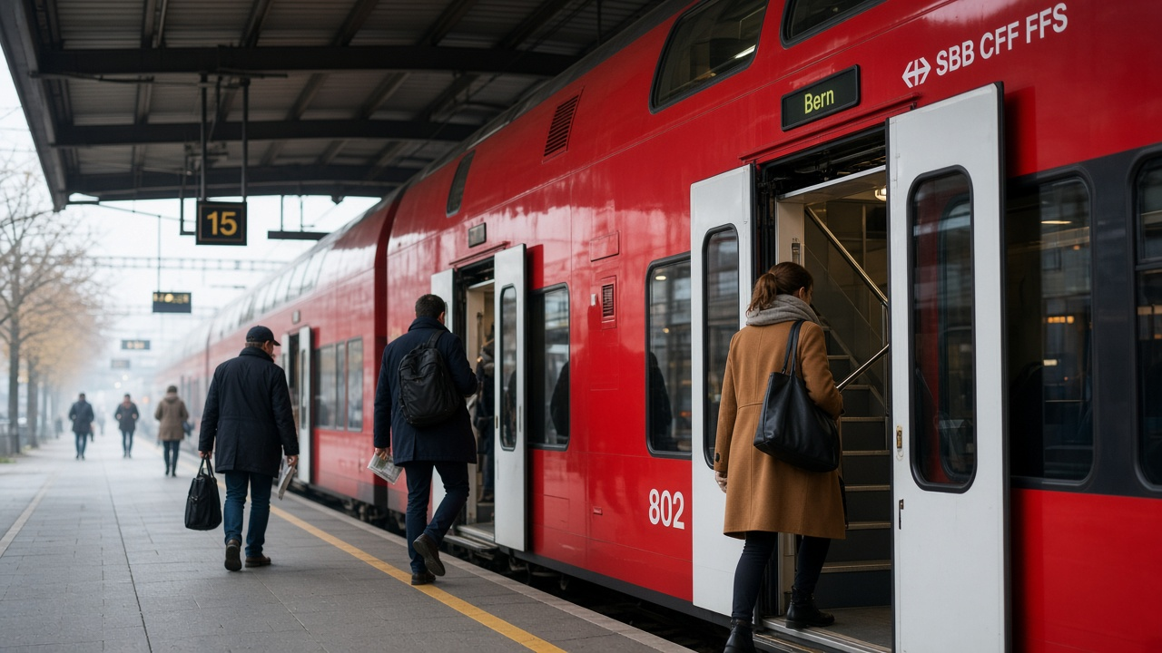 Commuters boarding a red Swiss double decker train at a covered platform in the morning