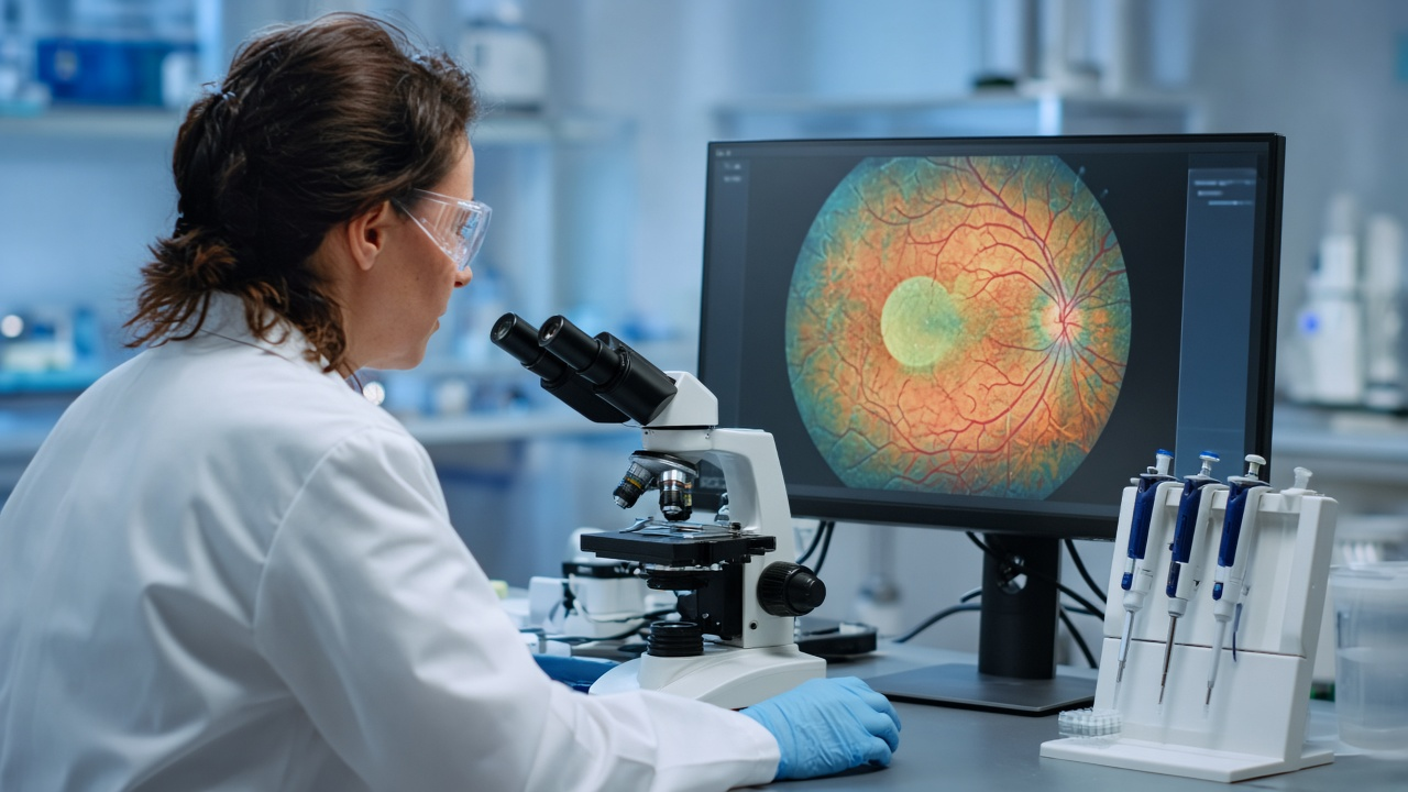 A researcher in a Swiss laboratory studying a colourful retinal scan on a monitor beside a microscope