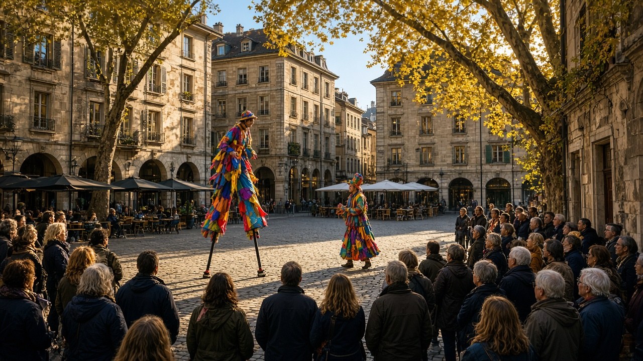 Street performers and a crowd in a Geneva old town square during an outdoor theatre festival in autumn sunshine