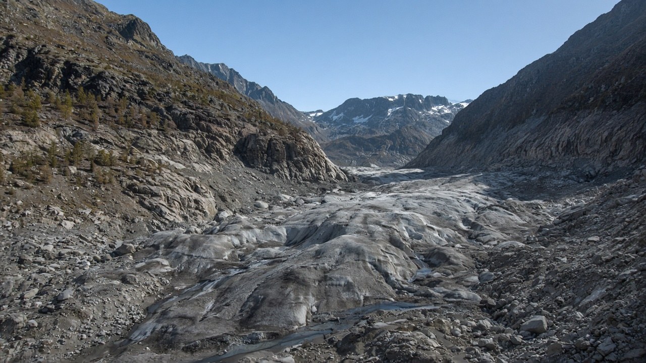 A bare Swiss glacier tongue of grey ice without snow cover, beside rocky moraine under a clear autumn sky