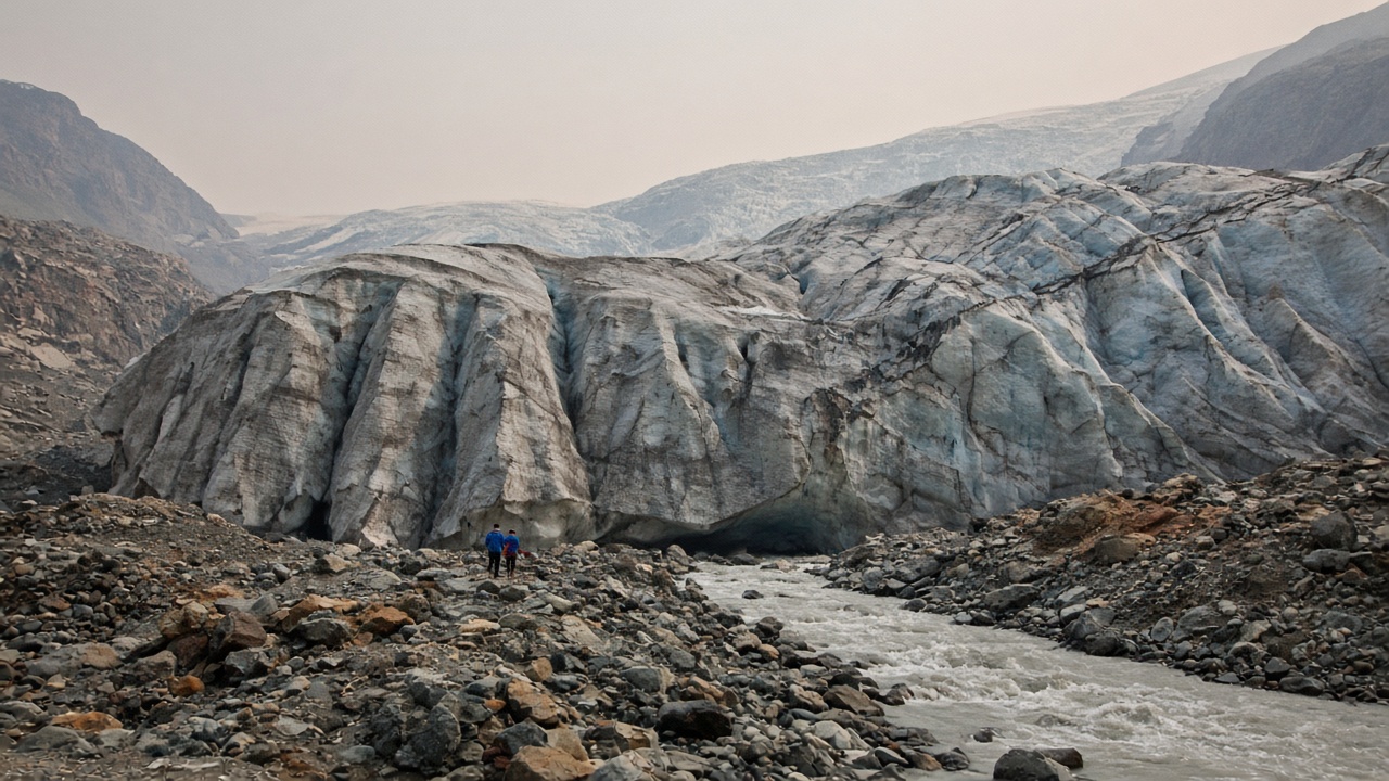 The Rhone Glacier in late summer, bare grey ice free of snow with a meltwater stream at its snout