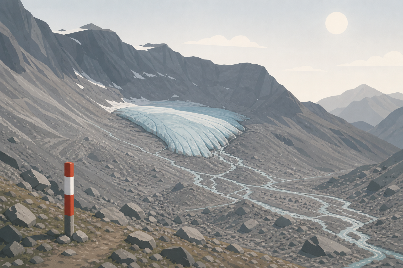 A small remnant glacier of bare pale ice in a rocky alpine cirque with meltwater streams