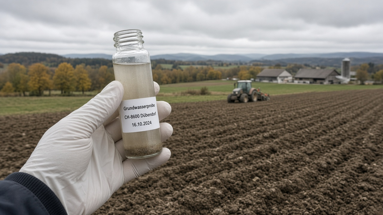 A gloved hand holding a glass sample vial of groundwater against the light with ploughed farmland behind