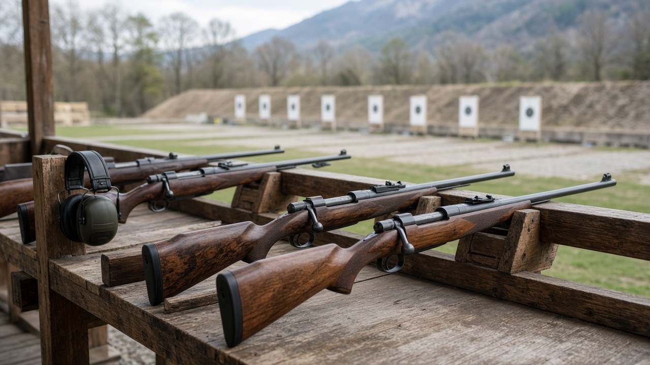 Rifles resting in a rack at a Swiss shooting range with target lanes behind
