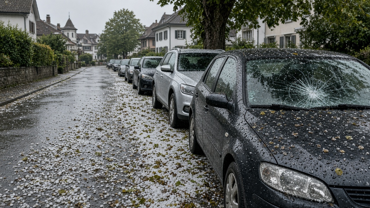 Cars with hail dented roofs and a cracked windshield on a wet Swiss street after a storm