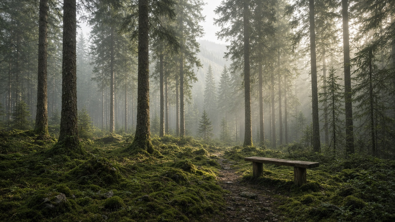 Soft morning light falling through a mossy mixed conifer forest onto a wooden rest bench beside a narrow path