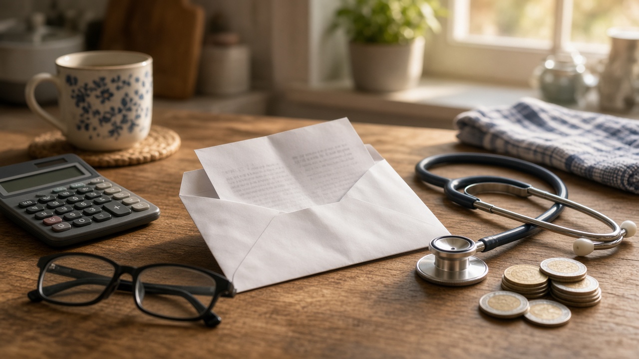 An opened health insurance letter with a calculator, stethoscope and Swiss franc coins on a kitchen table