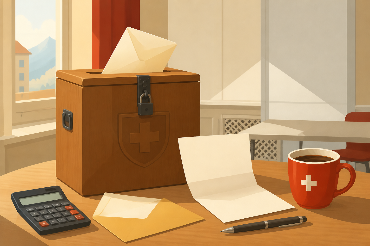An opened envelope and letter on a kitchen table beside a calculator, a pen and a cup of coffee