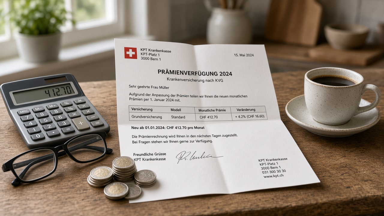 An opened health insurance premium letter on a kitchen table beside a calculator, reading glasses and a cup of coffee
