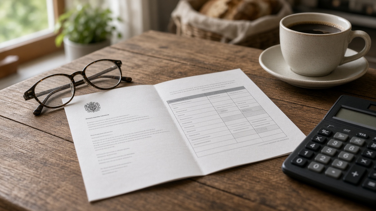 An opened health insurance premium letter on a kitchen table beside reading glasses, a calculator and a coffee cup