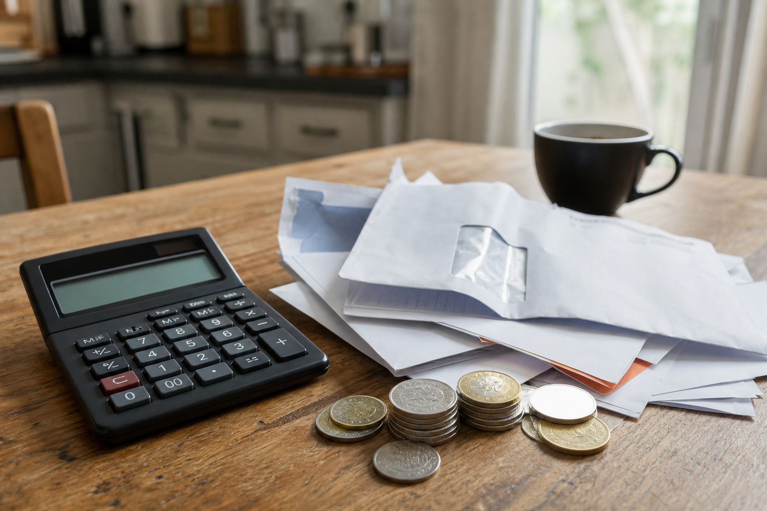 A calculator, opened insurance letters and small piles of Swiss franc coins on a kitchen table