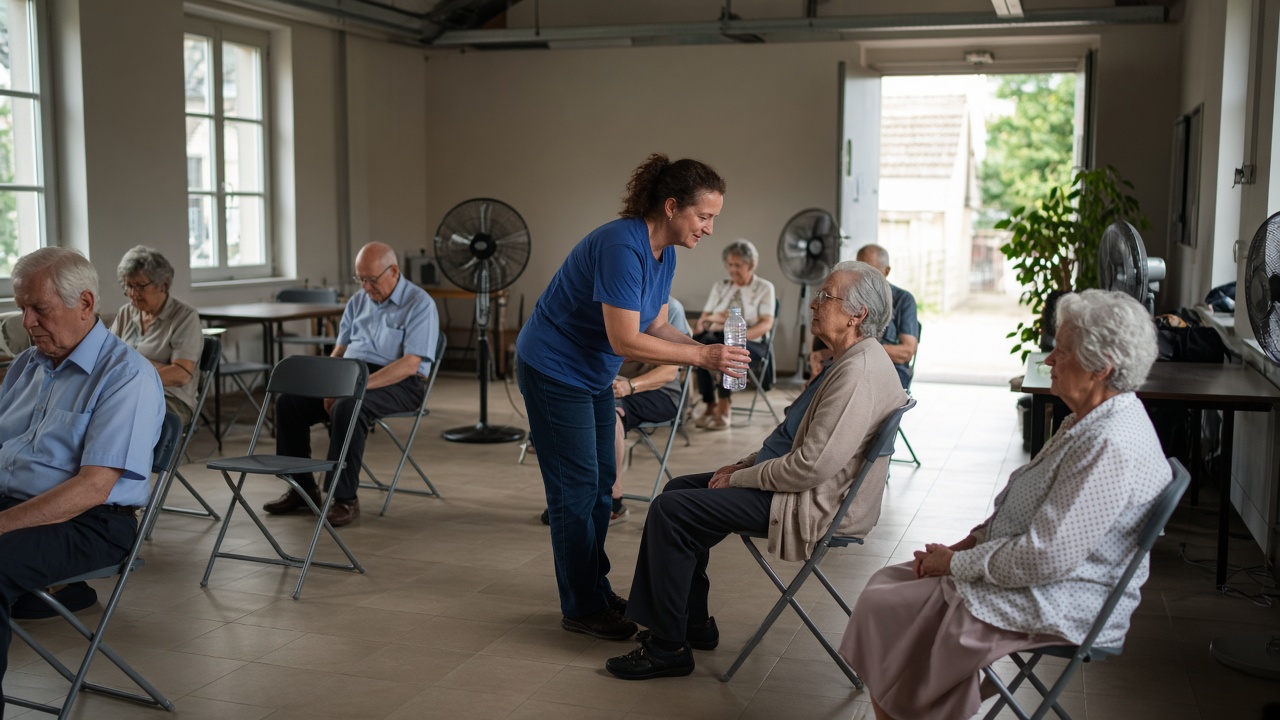 Elderly residents resting in a cool community climate shelter during a Swiss heatwave