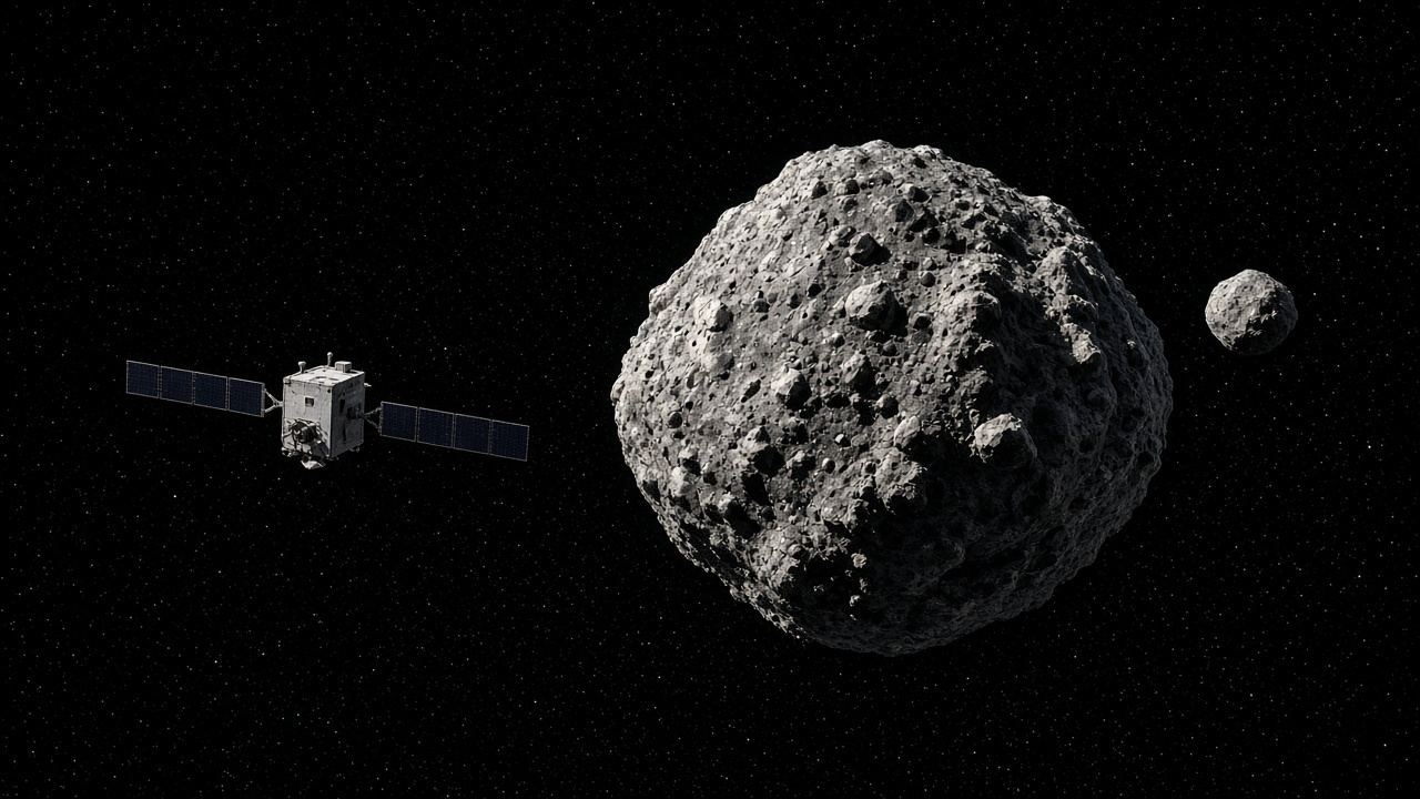 A box-shaped spacecraft with solar wings approaching a pair of grey rubble pile asteroids in deep space