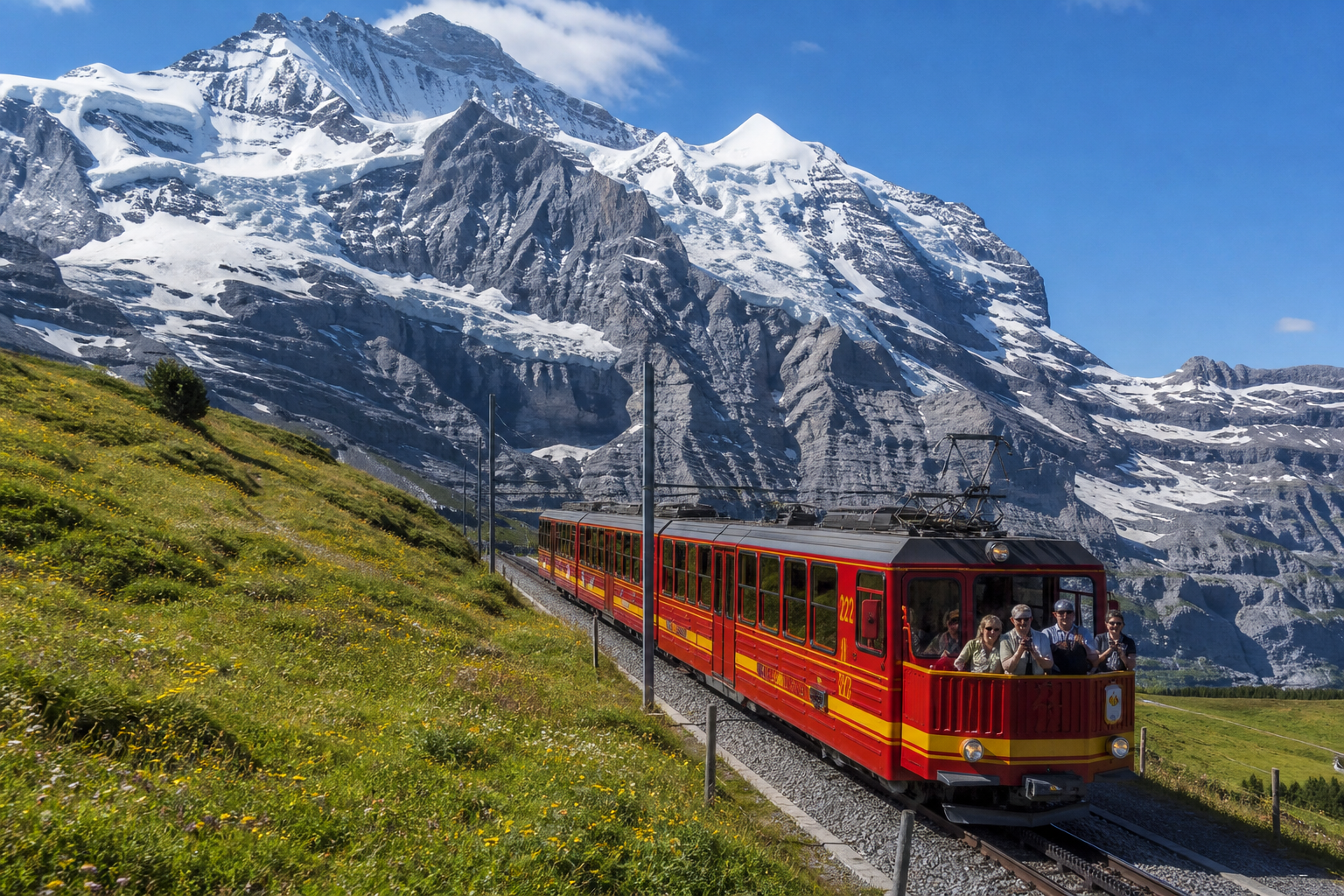 A red cogwheel railway train climbing toward the snow covered Jungfrau massif