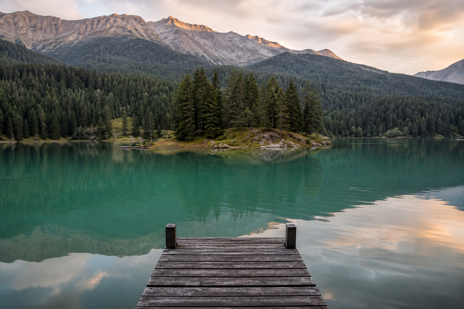 The turquoise water of Lake Cauma near Flims with its small wooded island, empty at dusk