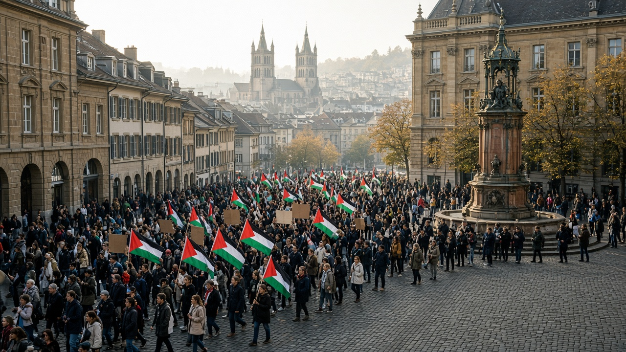 A large crowd of demonstrators with Palestinian flags and cardboard banners crossing a historic square in Lausanne in autumn light