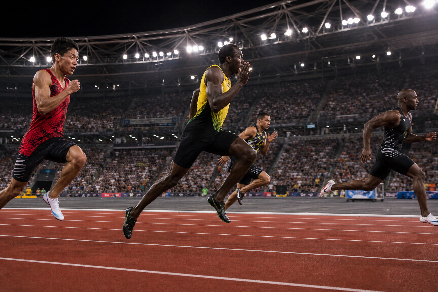 A packed athletics stadium at night with a red running track under floodlights