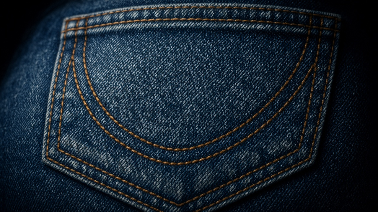Close-up of blue denim jeans back pockets with double arc stitching beside a legal folder