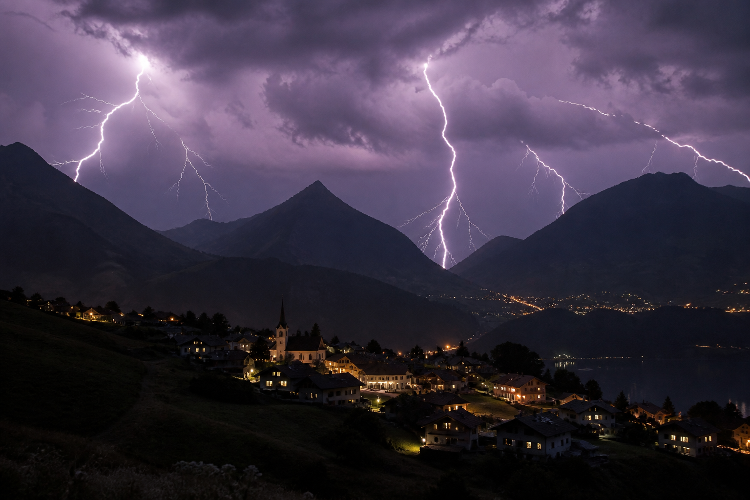 Multiple lightning bolts striking over an alpine valley and village at night