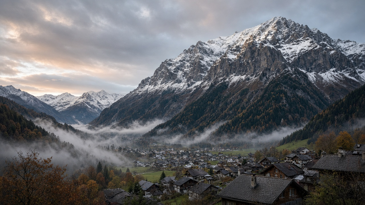 The steep Linth valley near Linthal in canton Glarus at dawn, with the Glaernisch massif above the village rooftops
