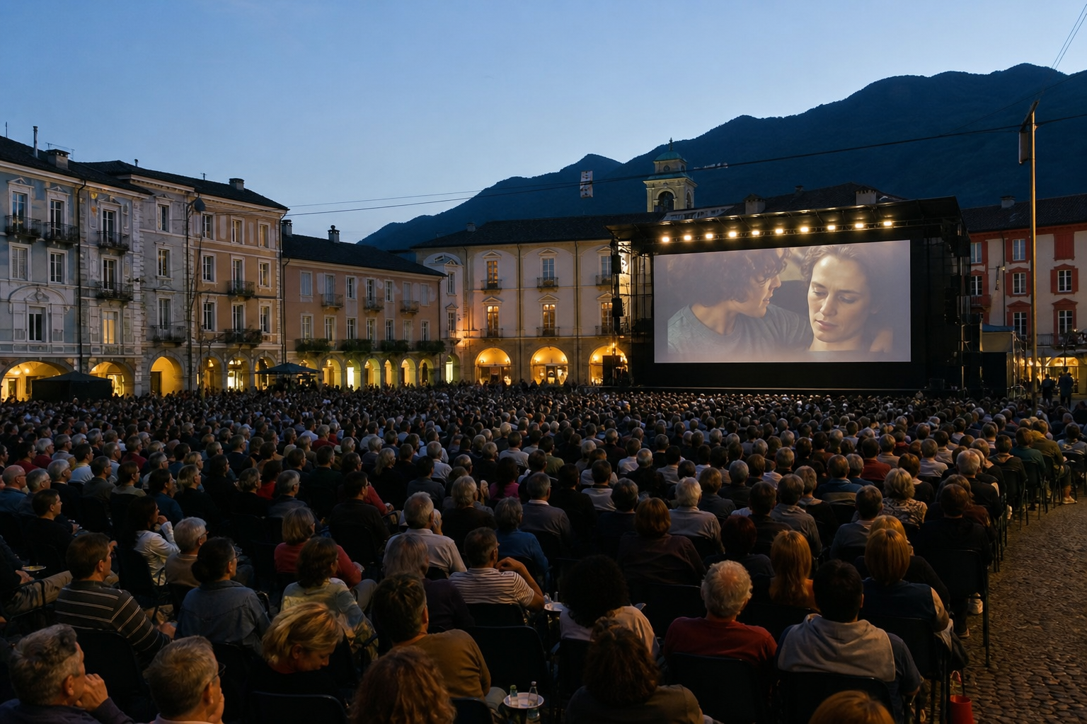An open air cinema screen in Piazza Grande, Locarno, at dusk