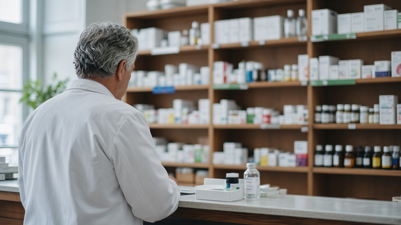 A pharmacist at the counter of a Swiss pharmacy with shelves of medicines behind