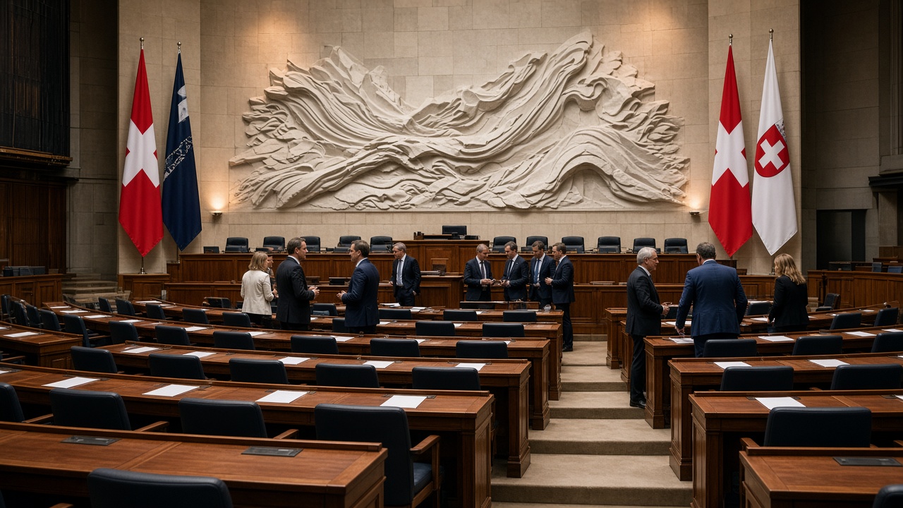 The National Council chamber in Bern during a vote, with parliamentarians standing and talking in groups