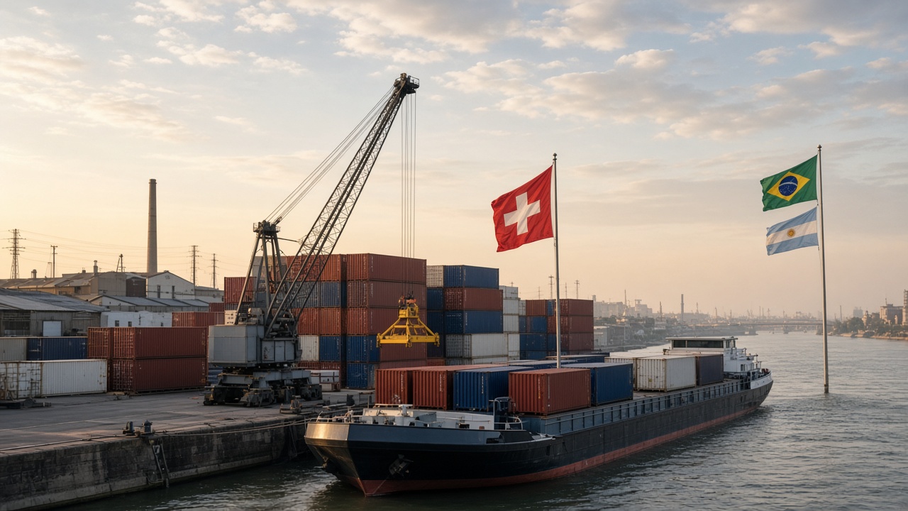 Shipping containers and a cargo barge at the Rhine port in Basel with Swiss, Brazilian and Argentine flags