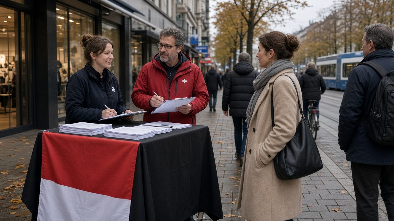 Volunteers with clipboards and signature sheets at a referendum campaign stand on a Zurich shopping street in autumn