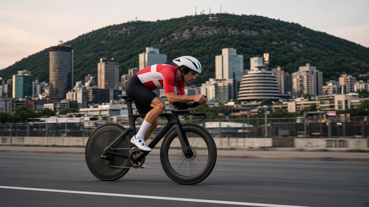 A Swiss national team cyclist on a time trial bike on a city circuit with the Montreal skyline behind