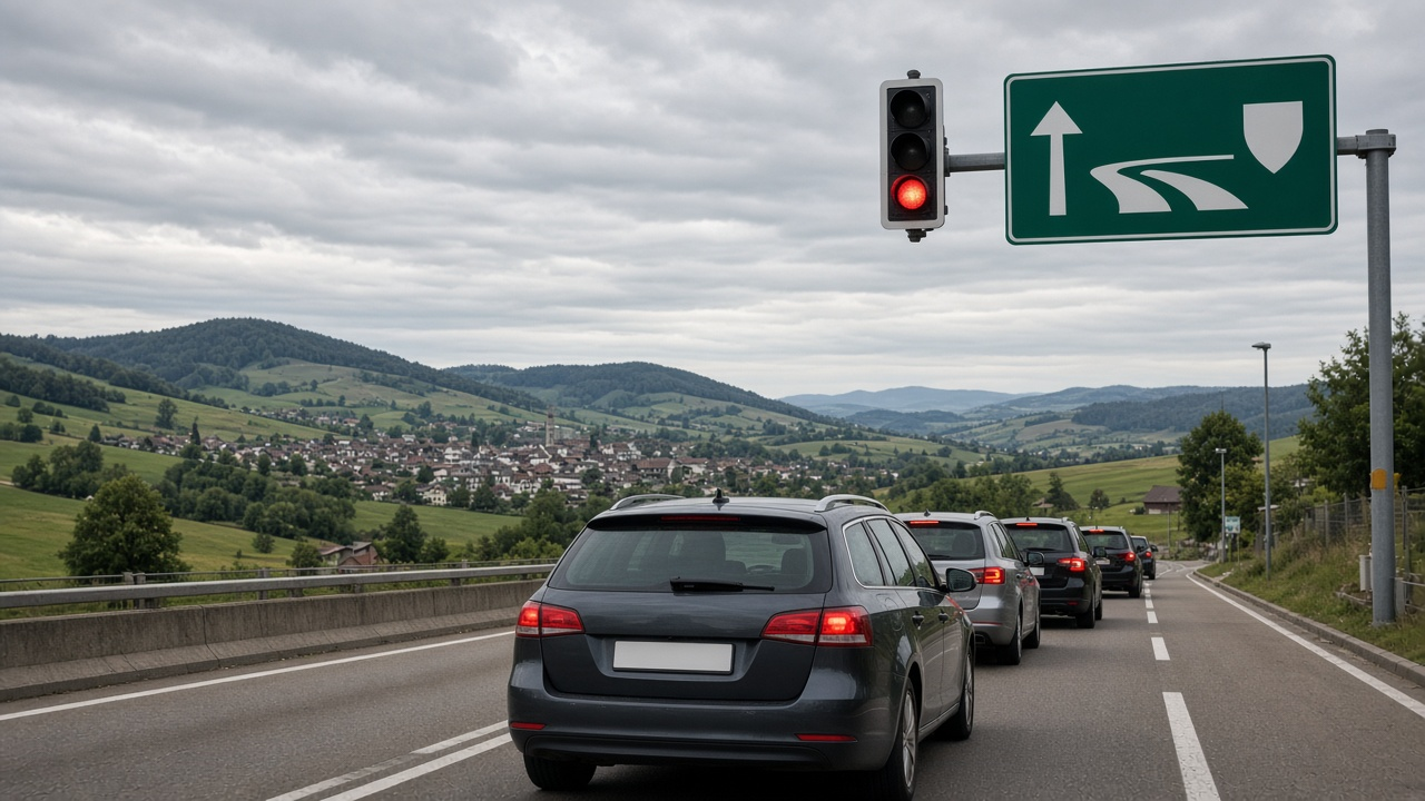 Cars waiting at a red traffic light on a Swiss motorway entry ramp at morning rush hour