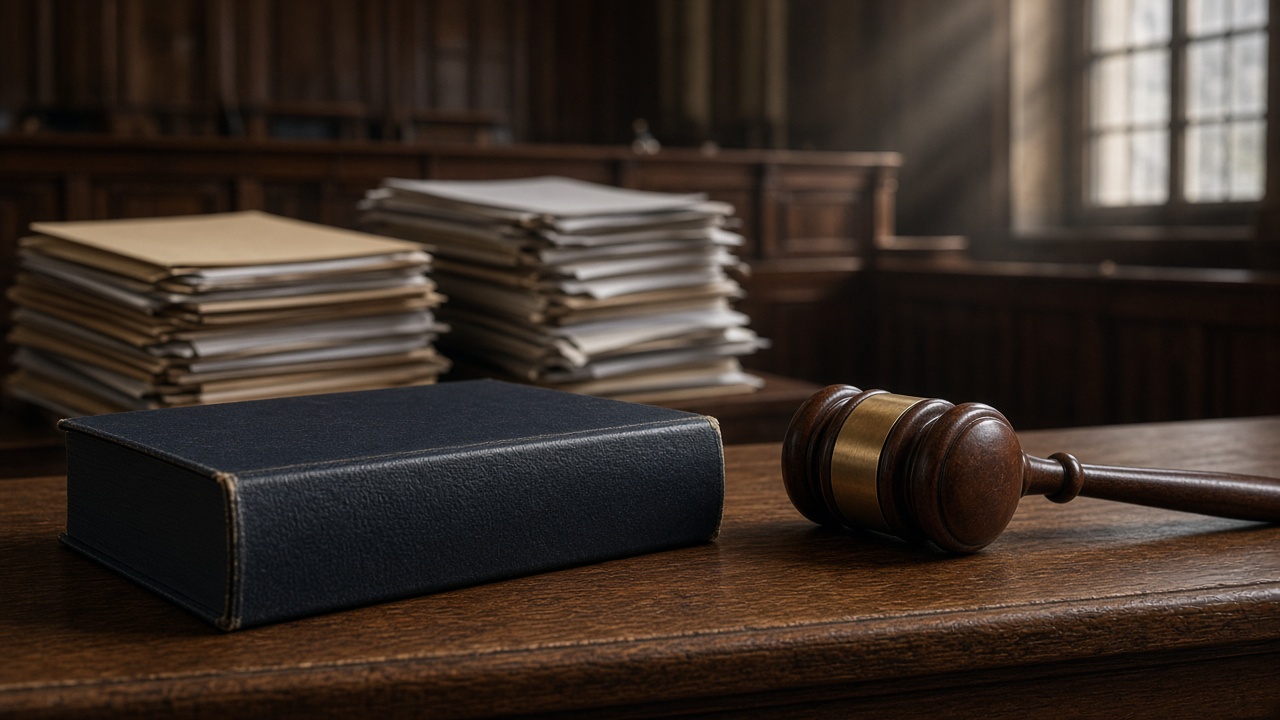 A Swiss criminal code volume and a wooden gavel on a judge’s bench in an empty courtroom, case files stacked behind