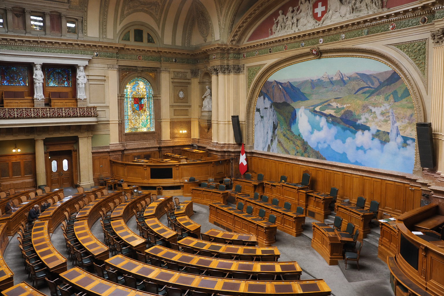 The empty National Council chamber in the Federal Palace in Bern