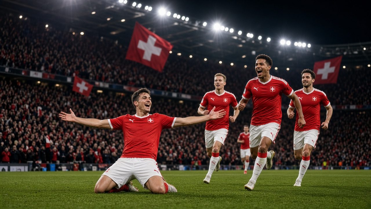 Swiss footballers in red shirts celebrating a goal under floodlights in a packed stadium at night