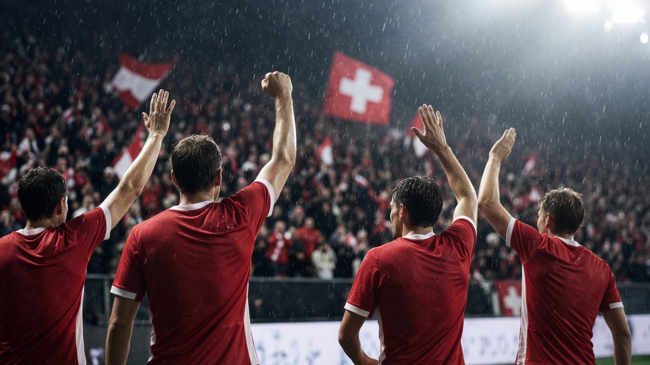 Swiss footballers in red shirts celebrating a goal under floodlights in a packed stadium