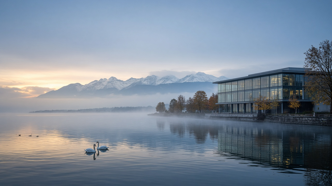 The Nestlé headquarters on the shore of Lake Geneva in Vevey at dawn, with the Alps across the water