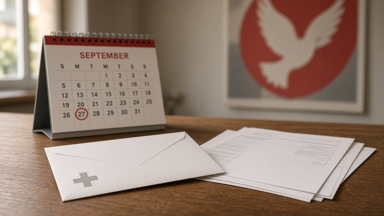 An official Swiss voting envelope and ballot papers on a wooden table, with a September calendar showing the 27th circled in red behind