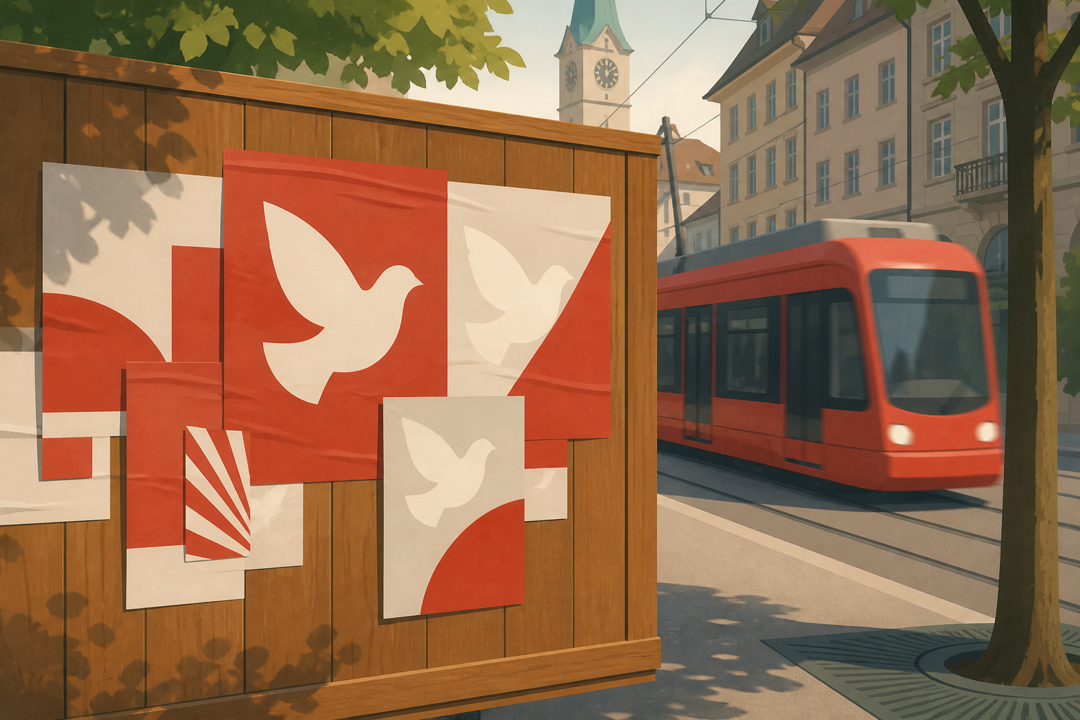 Referendum posters with white dove motifs layered on a wooden hoarding along a Zurich street