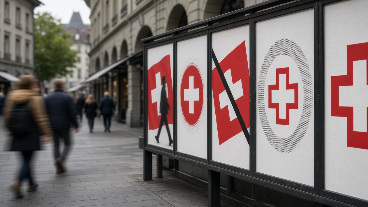 Referendum campaign posters for and against the neutrality initiative on official poster boards along a Bern street, with pedestrians passing