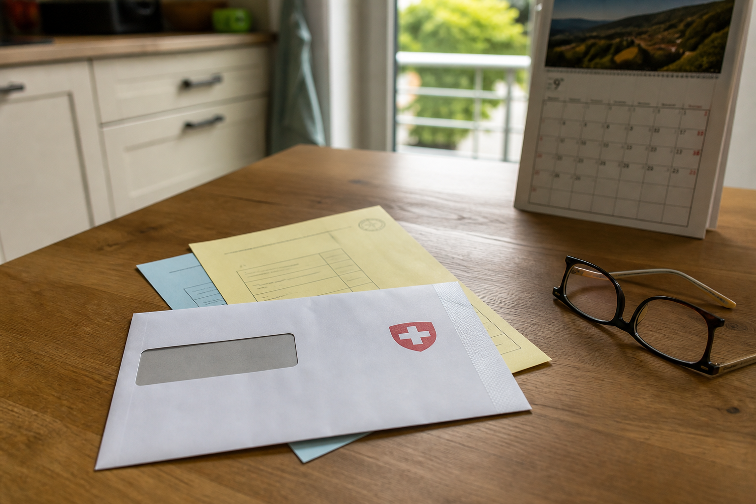 An official Swiss voting envelope and ballot papers on a wooden table beside a wall calendar showing September