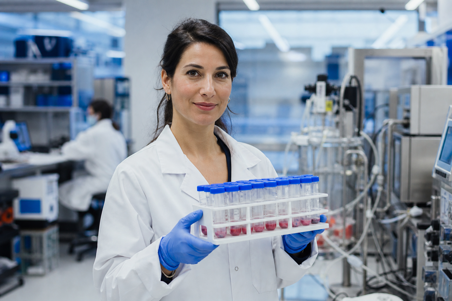 A scientist in a white coat and gloves holding a sample rack in a modern pharmaceutical laboratory