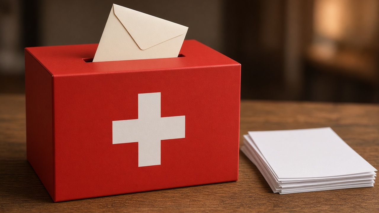 A ballot box with a Swiss cross and a voting envelope being posted, with referendum pamphlets beside it