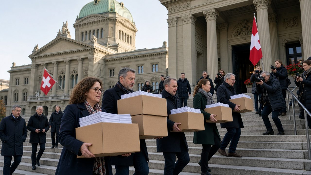 Campaigners carrying cardboard boxes of signed petition sheets toward the Federal Palace in Bern