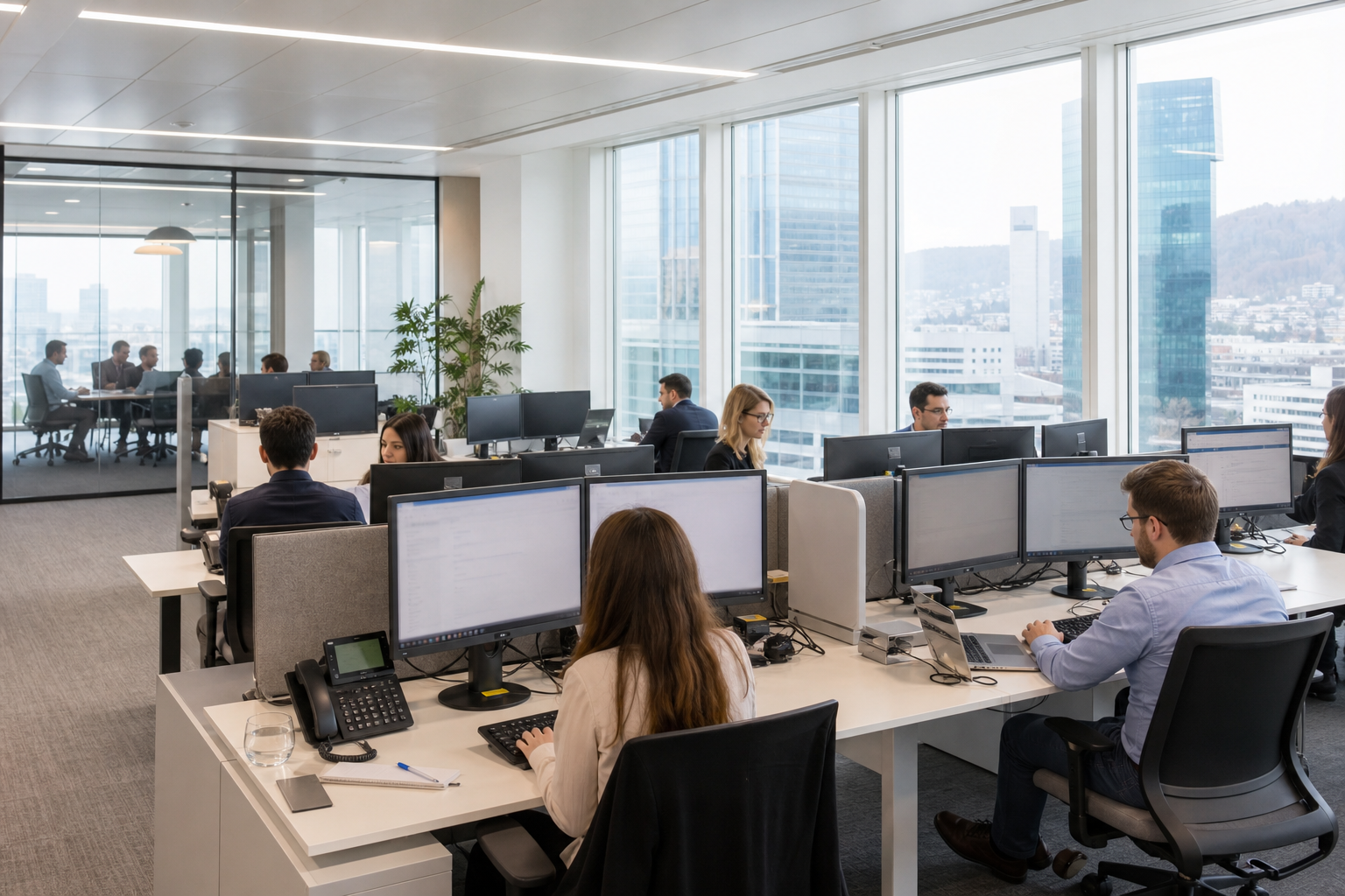 Office workers at desks in a bright Swiss open plan office