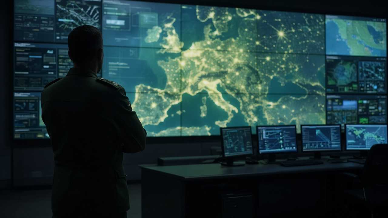 A silhouetted Swiss army officer watching a wall of monitors with a glowing map in a dim operations centre