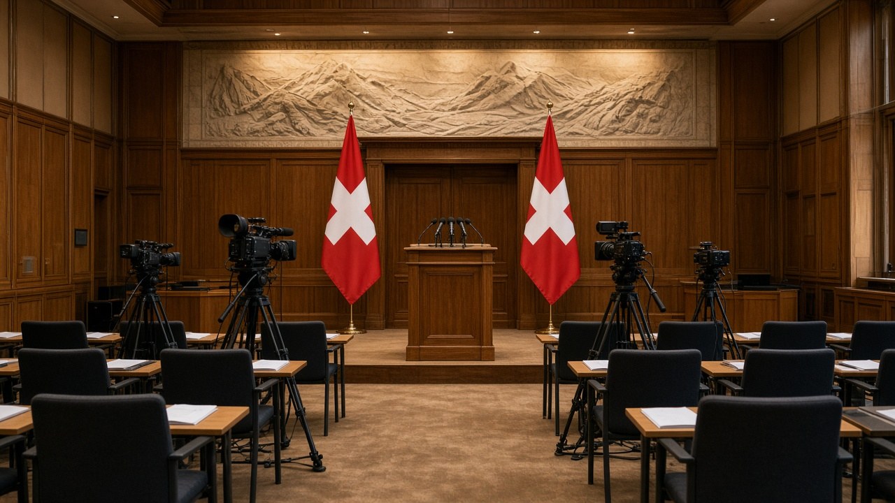 The media conference room of the Federal Palace in Bern with a podium, microphones and Swiss flags before a government announcement