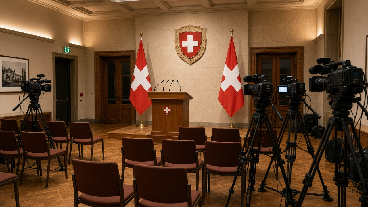 Journalists and television cameras in the media conference room of the Federal Palace in Bern before an announcement
